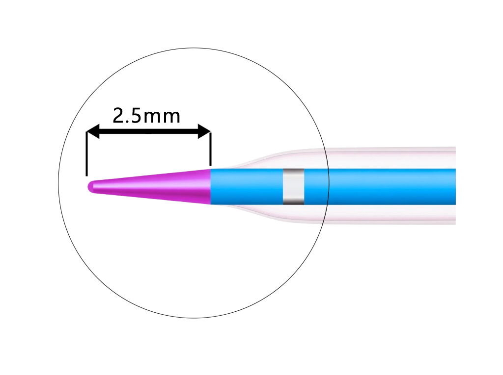 Evolve-Pro leading tip diagram — 2.5 mm shortened tip with distal shaft